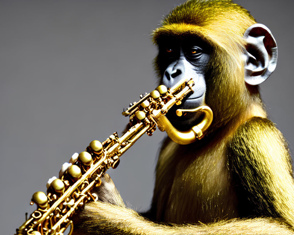 Golden-furred primate playing saxophone on grey background