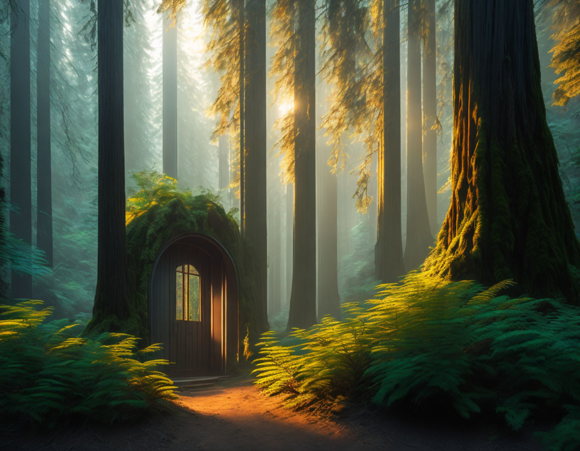 Enchanted forest scene with door in tree surrounded by ferns