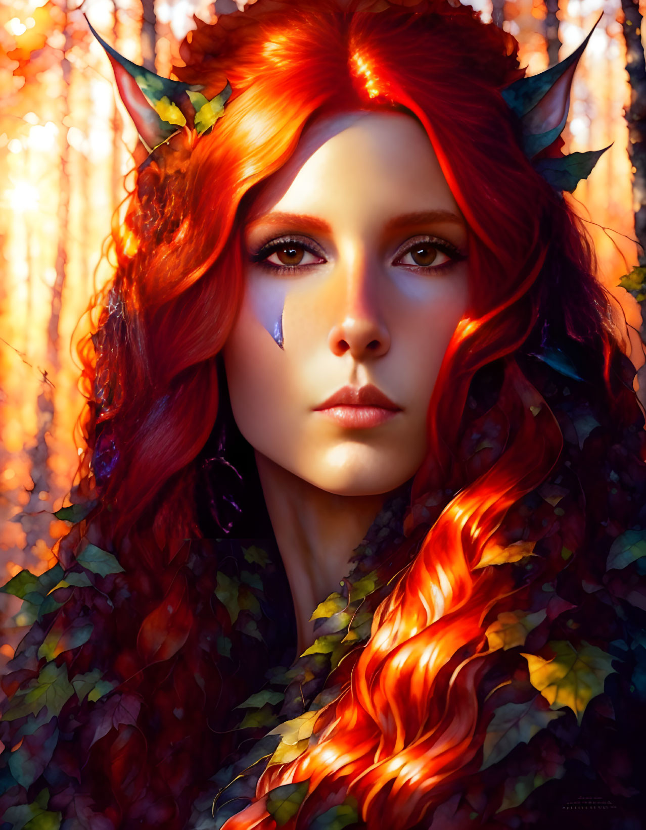 Fantasy portrait of a woman with red hair and leafy accents