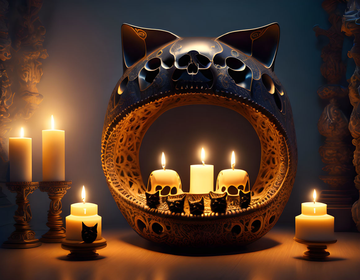 Cat-Shaped Candle Holder with Skull Motifs and Lit Candles in Mystical Setting
