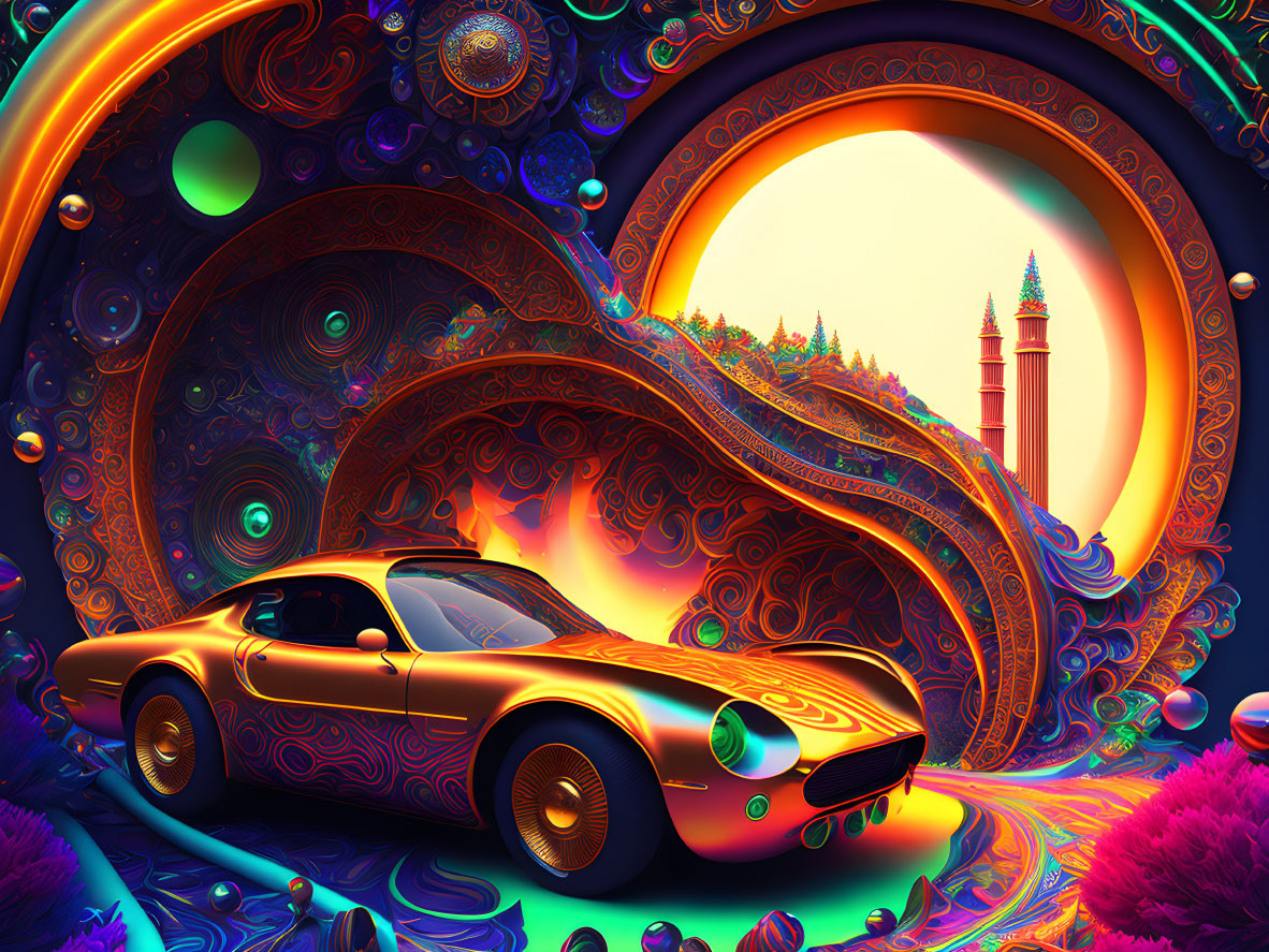 Colorful psychedelic illustration of glossy golden car in swirling patterns and fantastical architecture