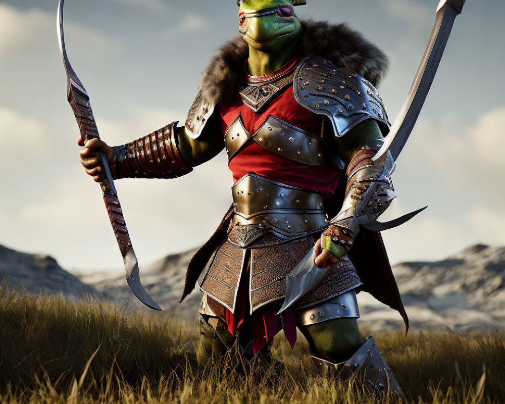 Armored orc warrior with curved swords in grassy field and cloudy sky