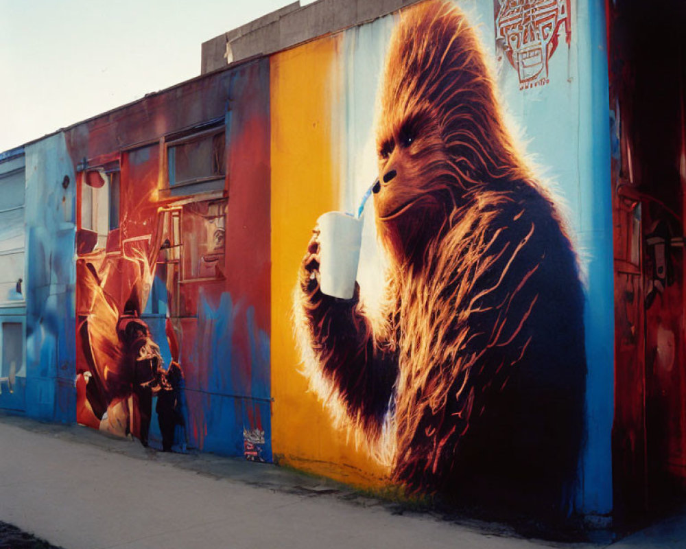 Colorful mural: Giant furry creature with a drink, small figure, clear dusk sky