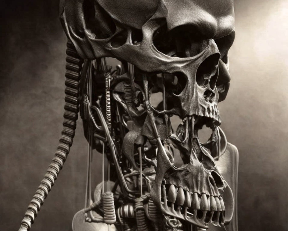 Mechanical skeleton with skull, vertebrae, and cables on dark backdrop