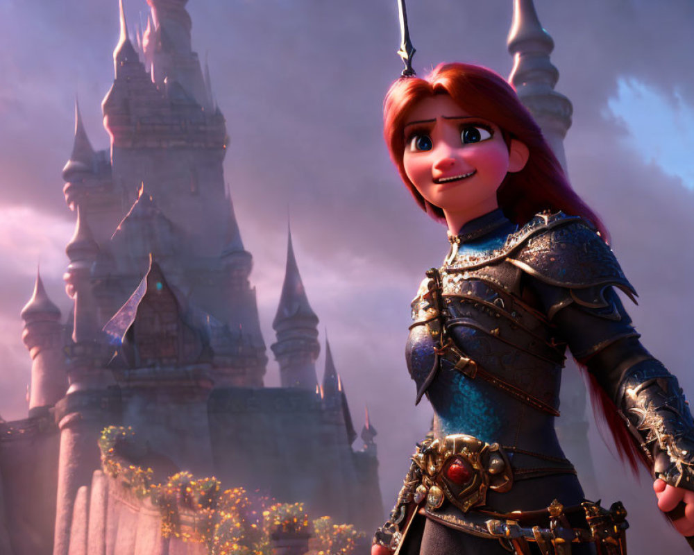 Red-Haired Female Character in Blue Armor with Castle Background
