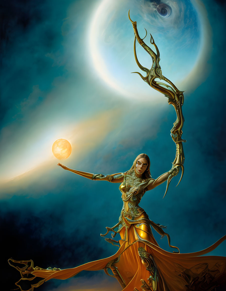 Female warrior in golden armor with staff and glowing orb under celestial sky