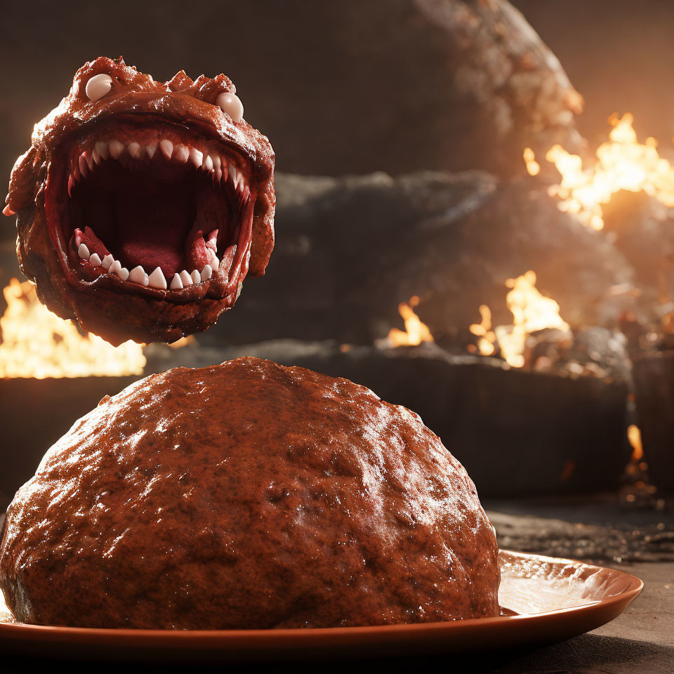 Monstrous creature behind large meatball with flames background