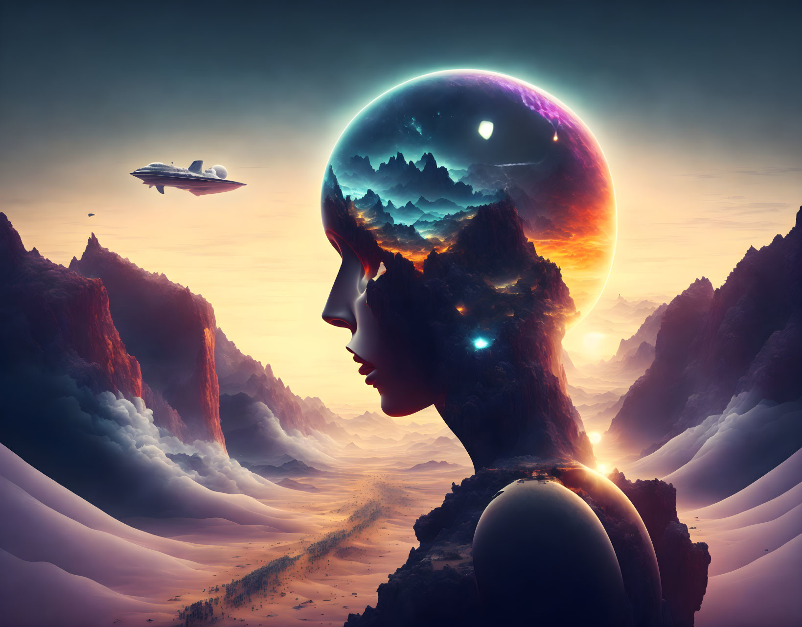 Silhouette with cosmic landscape head, cliffs, twilight sky, spaceship