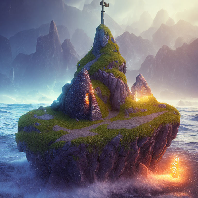 Mystical island with glowing caves and sword, surrounded by water at dusk or dawn