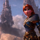Red-Haired Female Character in Blue Armor with Castle Background