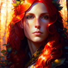 Fantasy portrait of a woman with red hair and leafy accents