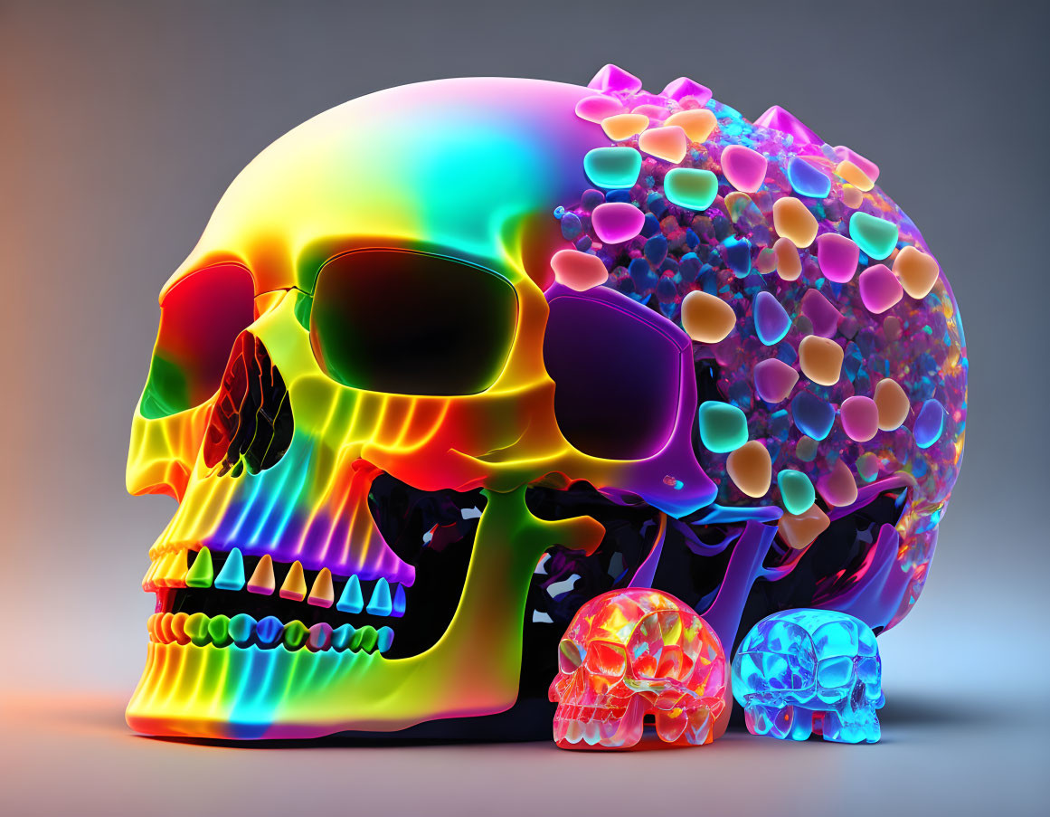 Colorful textured human skull with smaller skulls in gradient colors on neutral background