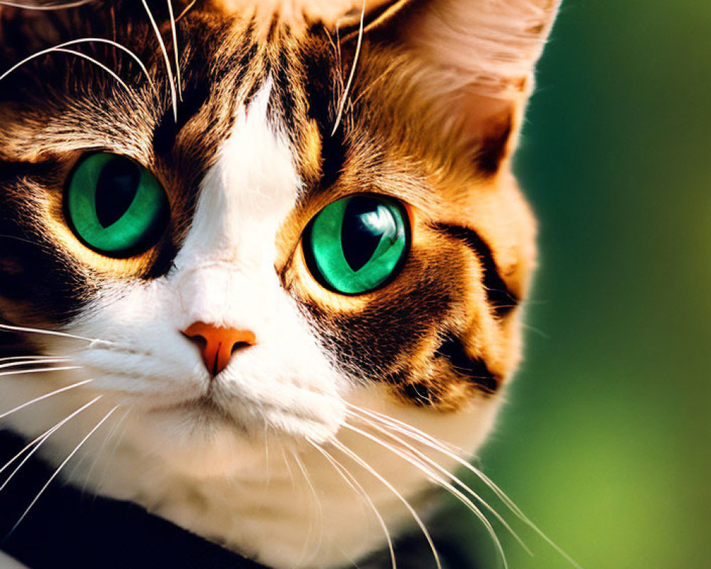 Brown and White Cat with Green Eyes and Black Harness in Close-up Shot