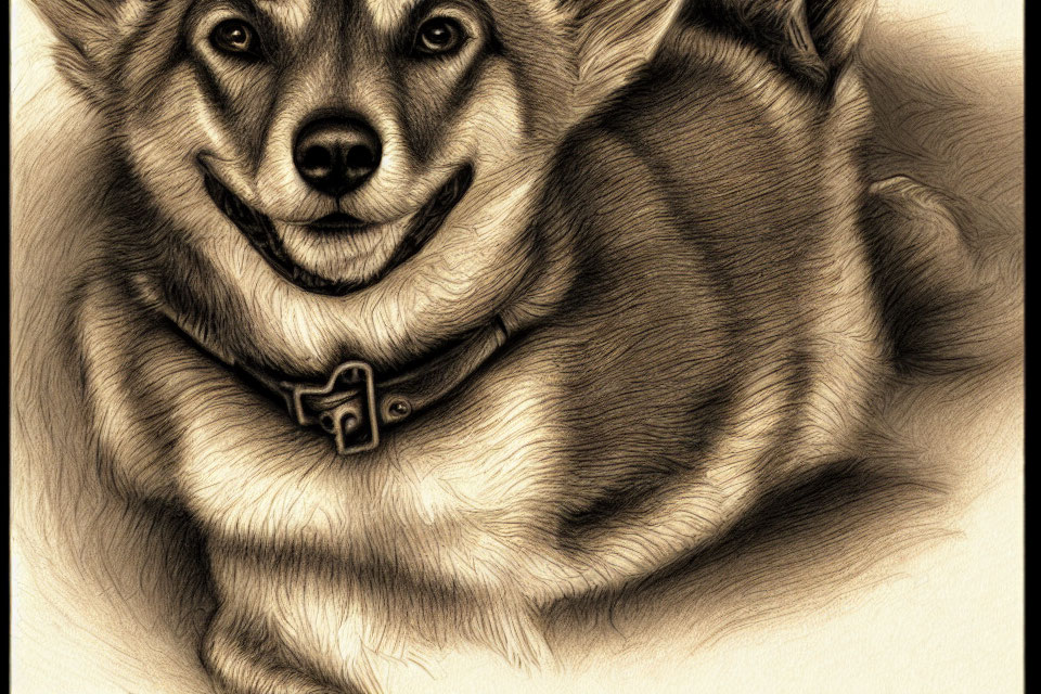 Detailed sepia sketch of a smiling Corgi dog with fluffy fur and collar
