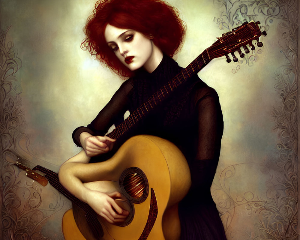 Fiery red-haired woman playing acoustic guitar in vintage backdrop
