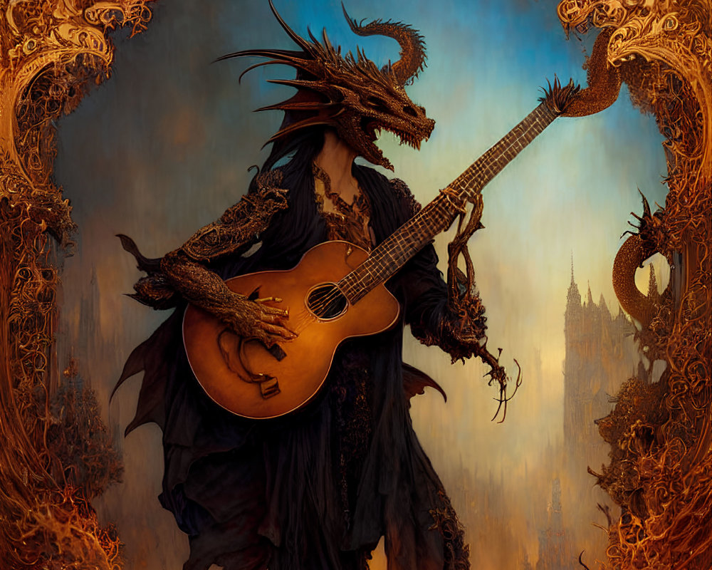 Dragon-headed humanoid playing guitar in ornate robes with golden patterns and mystical background