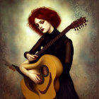 Fiery red-haired woman playing acoustic guitar in vintage backdrop