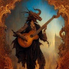 Dragon-headed humanoid playing guitar in ornate robes with golden patterns and mystical background
