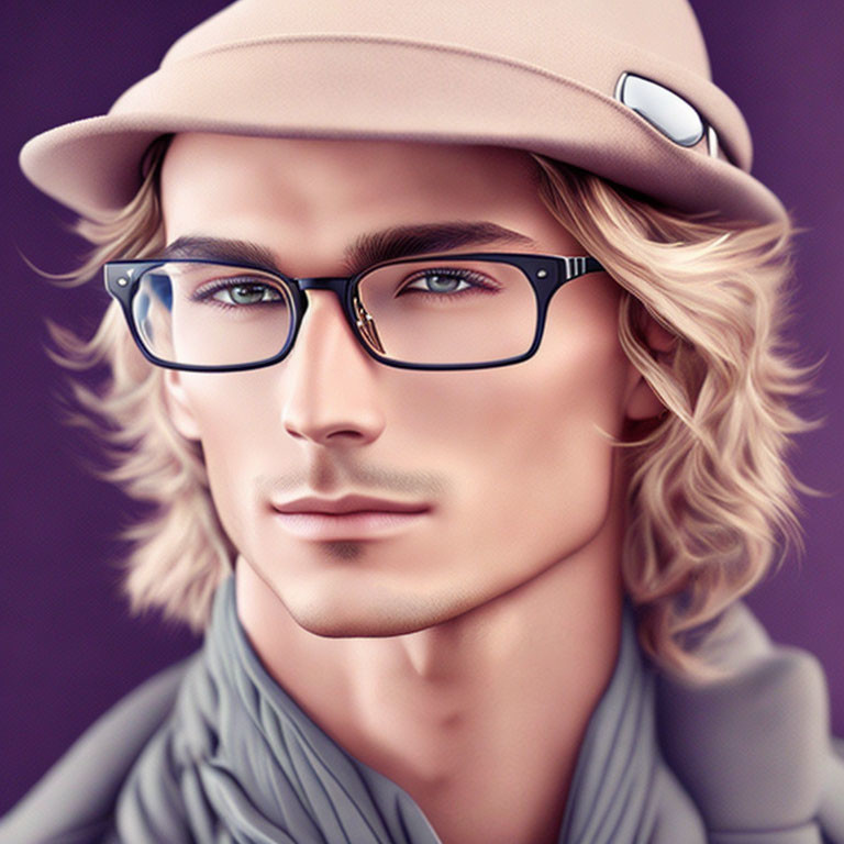 Stylish man with blue eyes, glasses, beige hat, and gray scarf