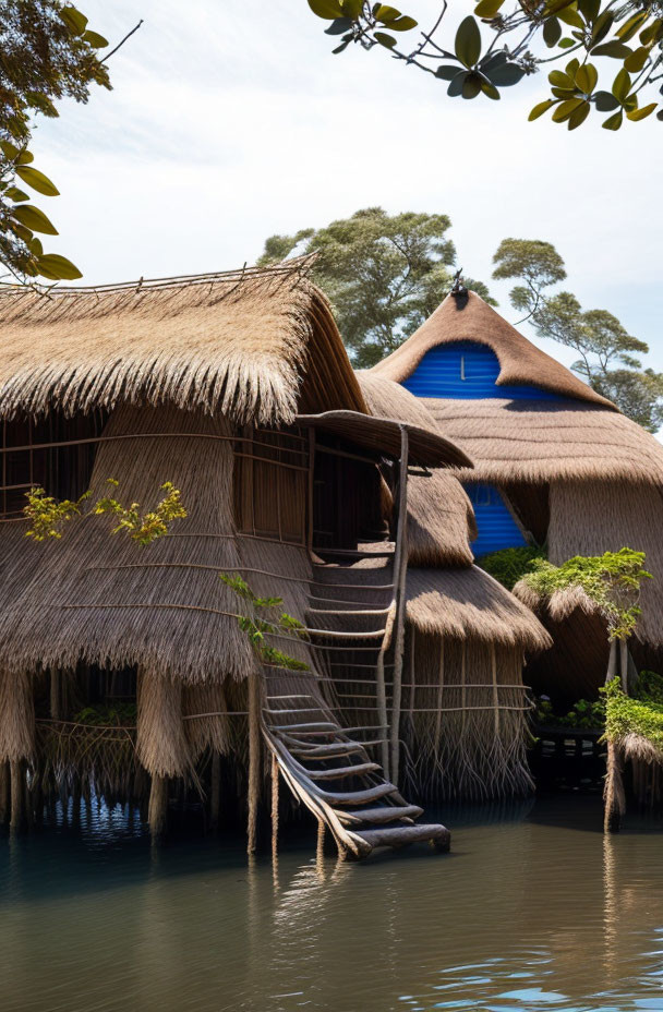 Thatched-Roof Huts on Stilts Over Water with Striking Blue Top