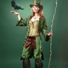 Elaborate green and gold costume with top hat, person holding staff, bird perched on hand