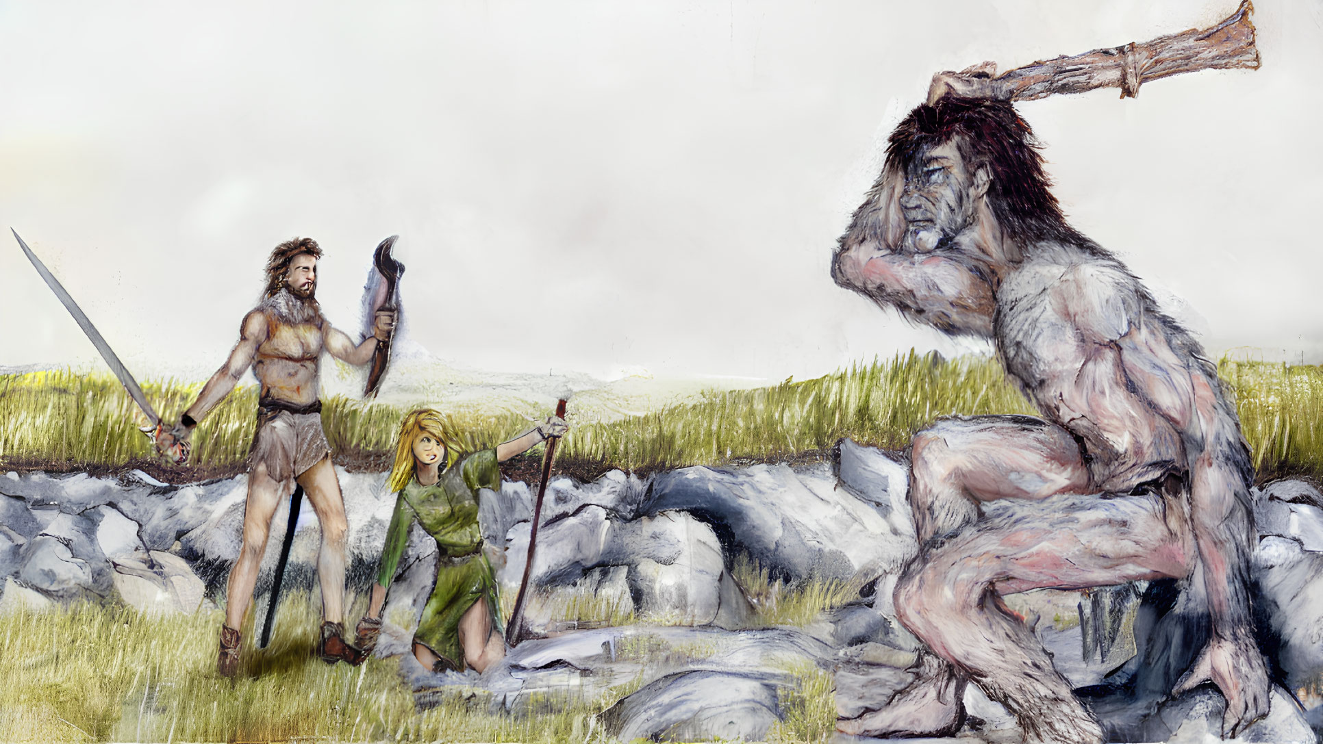 Two humans with sword and spear confront giant beast in rocky landscape.