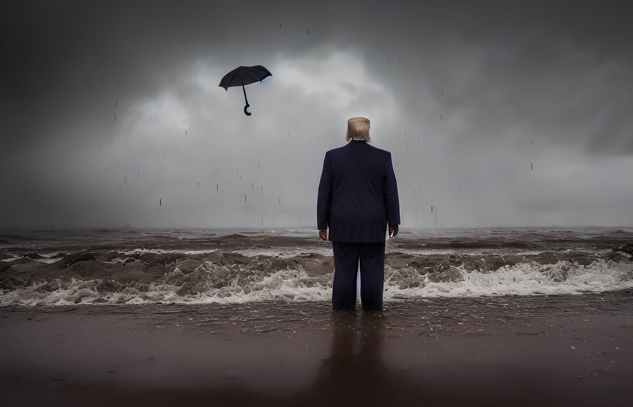 Person on Rainy Beach Facing Stormy Sea with Flying Umbrella