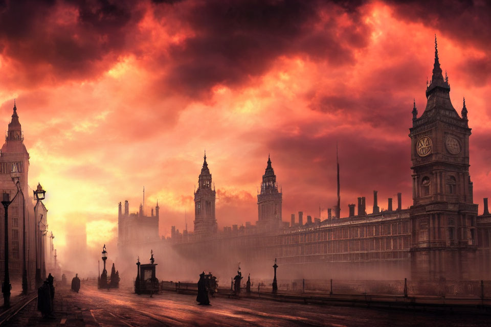 Vintage London street scene at sunset with Big Ben and Houses of Parliament under fiery sky.
