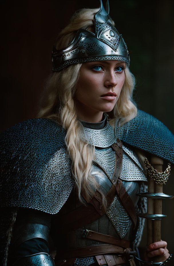 Medieval woman in armor with helmet and chainmail gazing into the distance
