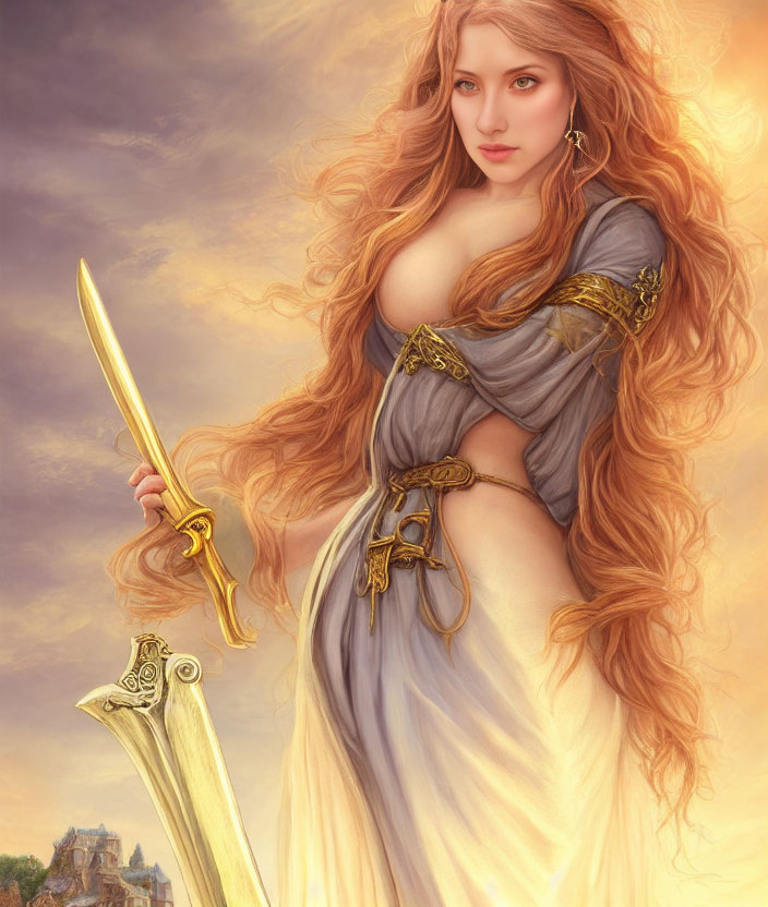 Fantasy illustration of woman with long wavy hair and sword in golden dress.