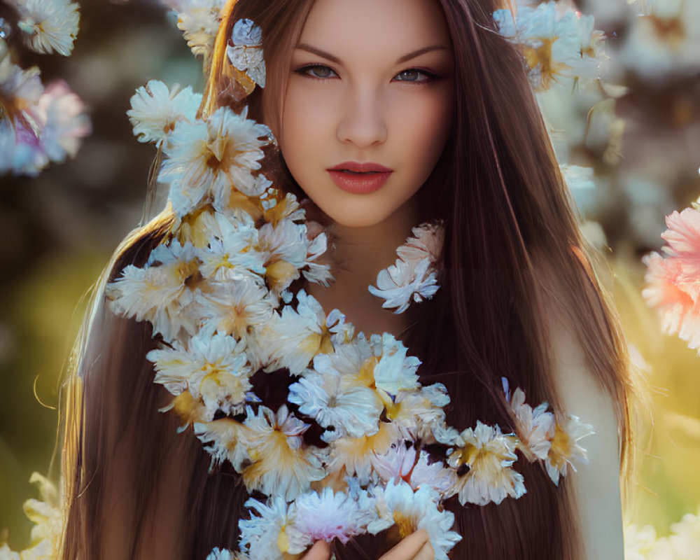 Woman with Long Brown Hair Holding White Flowers in Dreamy Setting