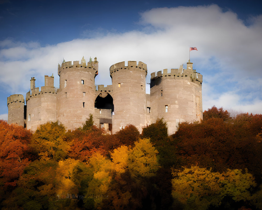 Stone castle in autumn forest under cloudy sky with red flag