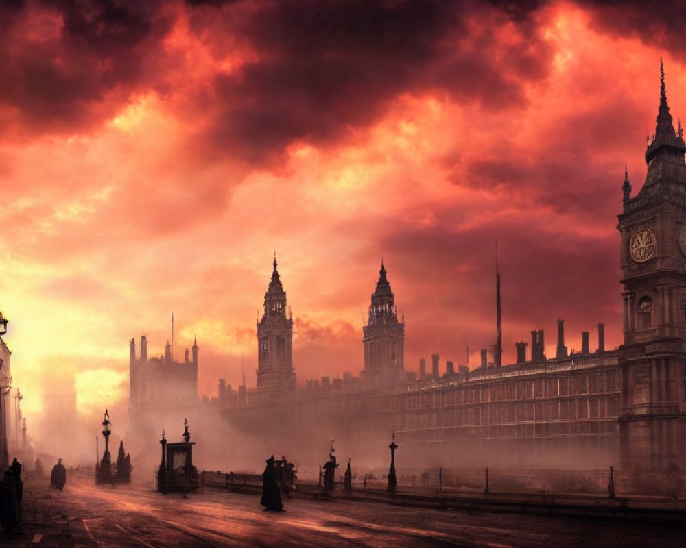 Vintage London street scene at sunset with Big Ben and Houses of Parliament under fiery sky.