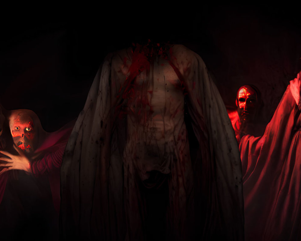 Four ominous figures in dark setting with blank mask and bloodied hands.