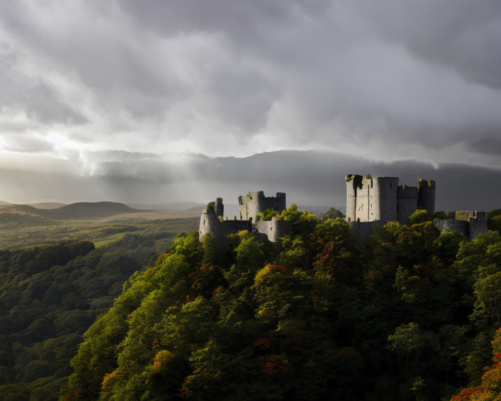 Abandoned castle on hill in forest under stormy sky