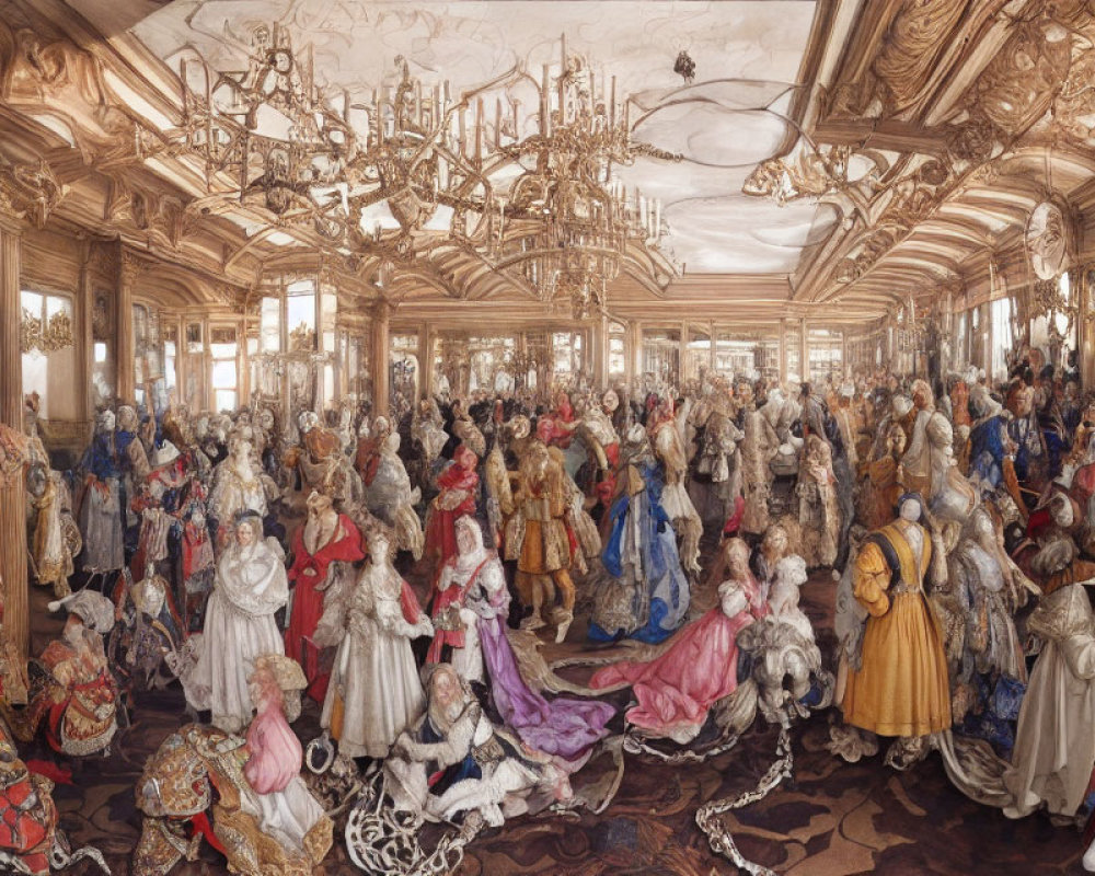 Grand ballroom with ornate chandeliers, wood panelling, and historical figures in elegant costumes