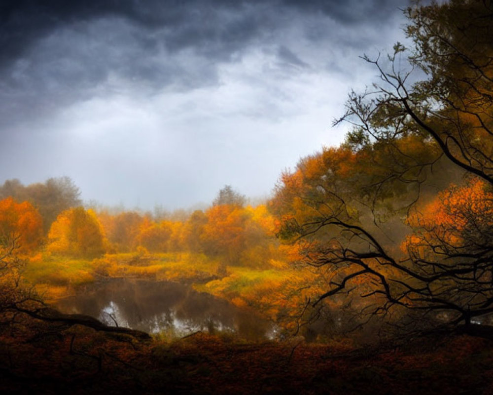Autumn river landscape with golden trees under overcast sky