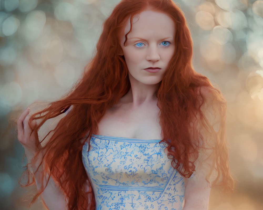 Woman with Long Red Hair in Blue Floral Dress Poses Thoughtfully