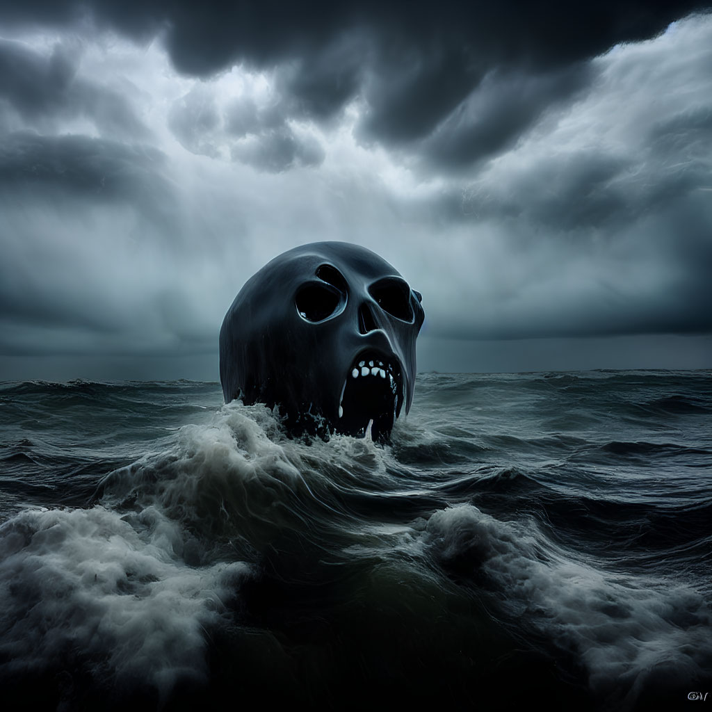 Giant Skull Partially Submerged in Stormy Ocean under Dark Sky