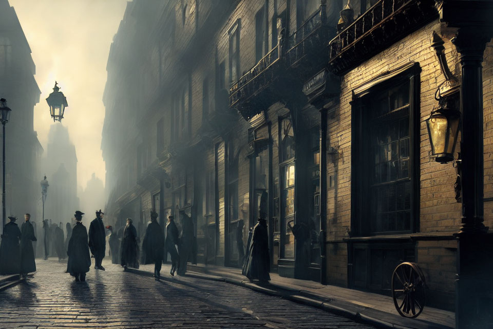 Vintage street scene with mist, gas lamps, and people in old-fashioned attire
