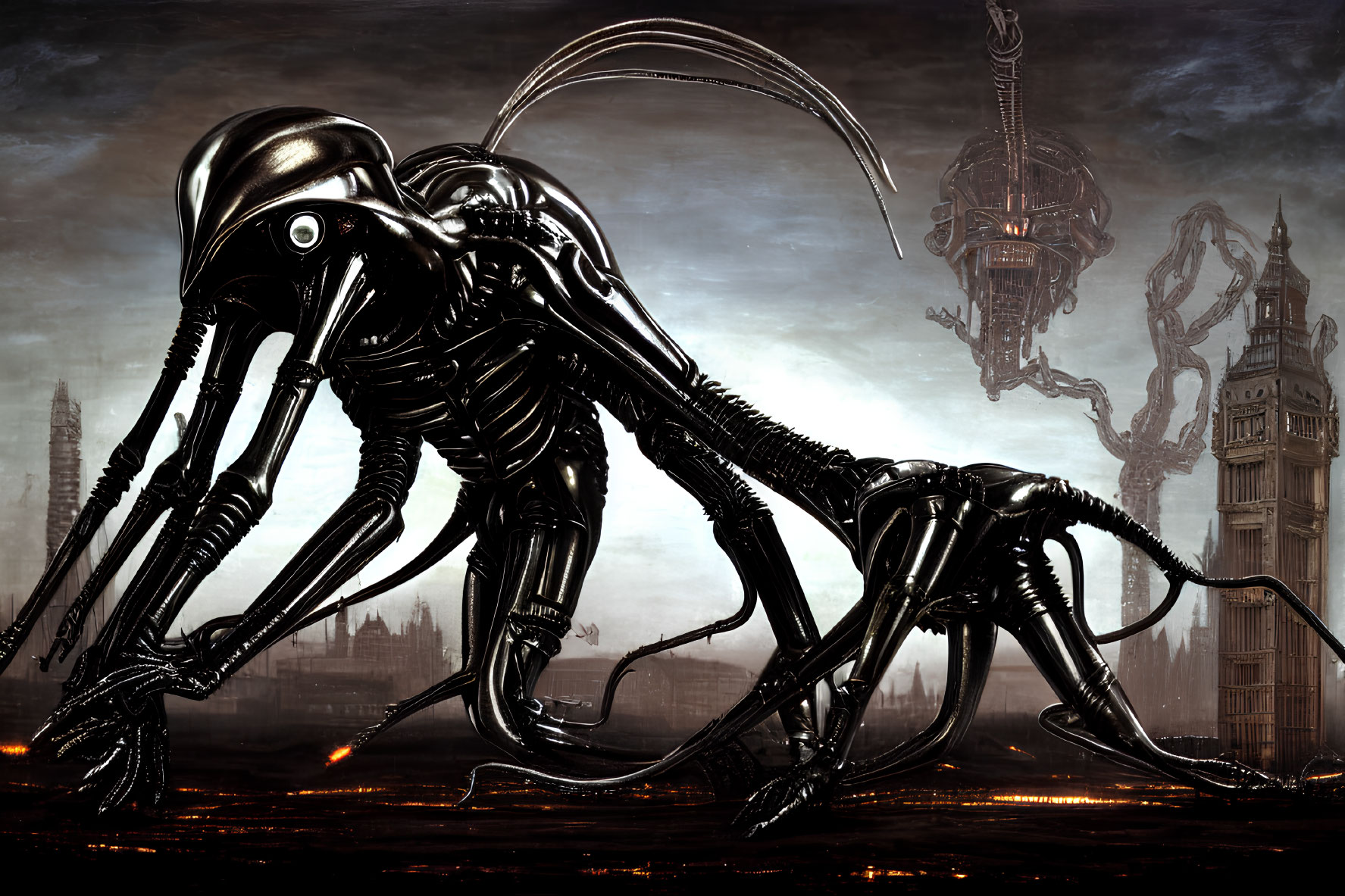 Dystopian scene featuring biomechanical alien creatures and ominous structures