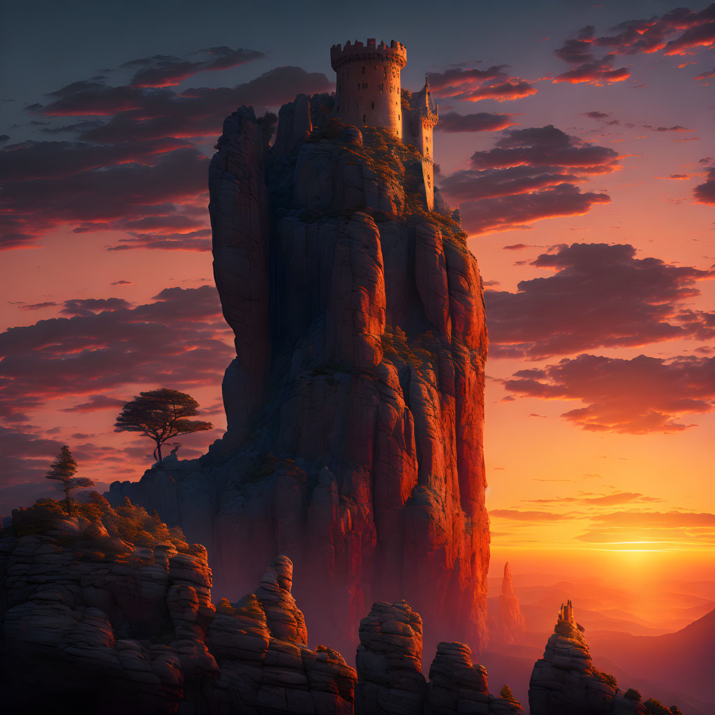 Majestic castle on steep rock formation at sunset