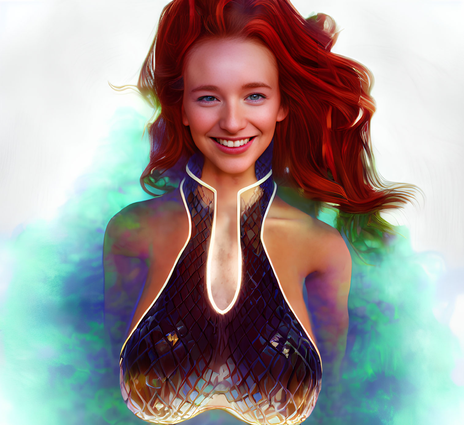 Smiling woman with red hair in futuristic mesh top on colorful abstract background