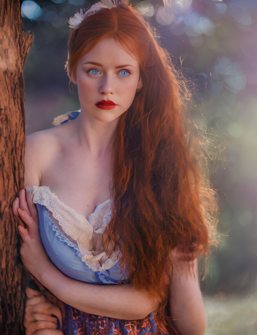 Red-haired woman in lace dress poses by tree in sunlit setting