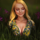Blonde Woman in Floral Dress Surrounded by Nature