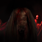 Four ominous figures in dark setting with blank mask and bloodied hands.