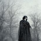 Mysterious figure in black cloak with white eyes and red markings on gray backdrop