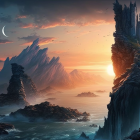 Fantasy landscape with rugged mountains, waterfall, sea, rocky outcrops, sunset sky, cres