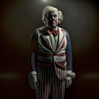 Person in Striped Suit with Red Bow Tie and Exaggerated Hairstyle on Dark Background