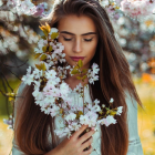Woman with Long Brown Hair Holding White Flowers in Dreamy Setting